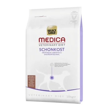 White bag of Select Gold Medica Veterinary Diet Schonkost dog food, 10kg, labeled as highly digestible for gastrointestinal health.