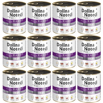 Premium Adult bogata w królika z żurawiną puszka 12x800 g Dwanaście puszek karmy premium Dolina Noteci, oznaczonych jako "Rich in Rabbit with Cranberry," odpowiednich dla wszystkich ras psów.