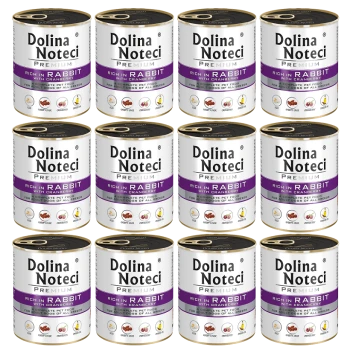Dwanaście puszek karmy premium Dolina Noteci, oznaczonych jako "Rich in Rabbit with Cranberry," odpowiednich dla wszystkich ras psów.