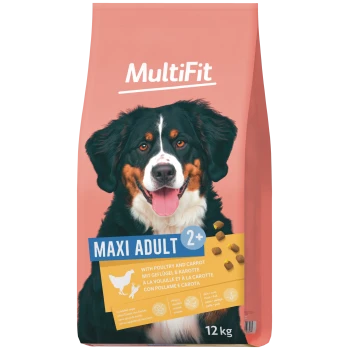 Sac de nourriture MultiFit avec un bouvier bernois, étiquette 'MAXI ADULT 2+' et 'avec volaille et carotte', 12 kg.