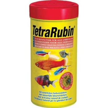 Rubin Normalflocken 250 ml Behälter mit TetraRubin Fischflocken, mit bunten Fischillustrationen und Text in mehreren Sprachen, einschließlich Nährwertangaben.