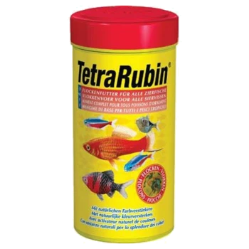 Behälter mit TetraRubin Fischflocken, mit bunten Fischillustrationen und Text in mehreren Sprachen, einschließlich Nährwertangaben.