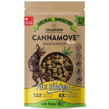 Verpackung für natürliches Superfood-Hundefutter mit "CANNAMOVE® Adult & Senior Forte" mit 70 % Huhn, Kräutern und ohne Getreide oder Zucker.