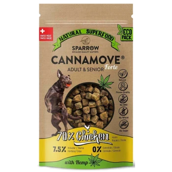 Verpackung für natürliches Superfood-Hundefutter mit "CANNAMOVE® Adult & Senior Forte" mit 70 % Huhn, Kräutern und ohne Getreide oder Zucker.