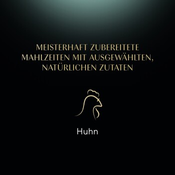 Czarny tło z złotym tekstem: "Meisterhaft zubereitete Mahlzeiten mit natürlichen Zutaten" i ikoną kurczaka powyżej "Huhn."