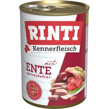 Rinti Kennerfleisch Dosenfutter für Hunde mit Ente, getreidefrei, mit einem rot-weißen Etikett mit Bildern von Fleischstücken und einem Logo.
