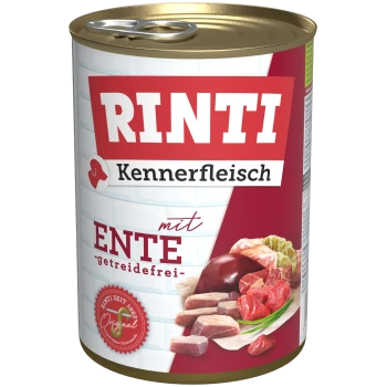 Rinti Kennerfleisch Dosenfutter für Hunde mit Ente, getreidefrei, mit einem rot-weißen Etikett mit Bildern von Fleischstücken und einem Logo.