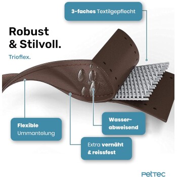 Haustierzubehör mit einem braunen flexiblen Riemen, beschriftet: "Robust & Stilvoll," "3-faches Textilgeflecht," "Wasser-abweisend," und "Extra vernäht."