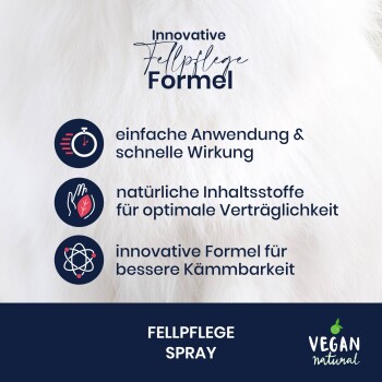 Innovatives Haustierpflege-Spray mit Vorteilen: einfache Anwendung, natürliche Inhaltsstoffe für optimale Verträglichkeit und verbesserte Kämmbarkeit. Vegane Natur.