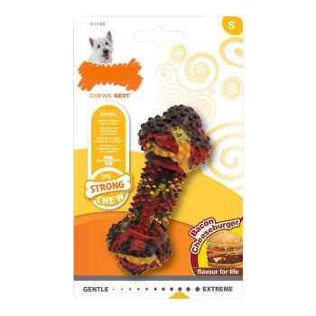 Haltbares Hundespielzeug in Form einer Hantel, mit einem Geschmack von Bacon-Cheeseburger, gekennzeichnet mit 'Starker Kauen', geeignet für Hunde von 0-11 kg.