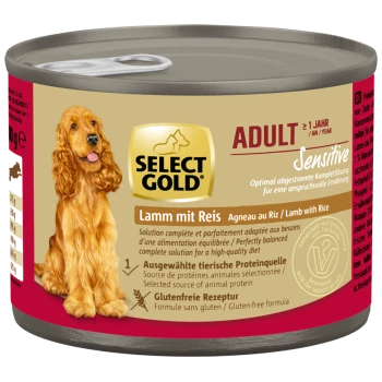 Select Gold Adult Sensitive Hundefutterdose mit Lamm und Reis, glutenfreie Formel, mit Bild eines Golden Retrievers.