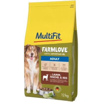 Sac de nourriture pour chiens étiqueté 'MultiFit Farmlove with Superfood', présentant un chien sur le devant, mettant en avant les ingrédients : agneau, fenouil et riz.