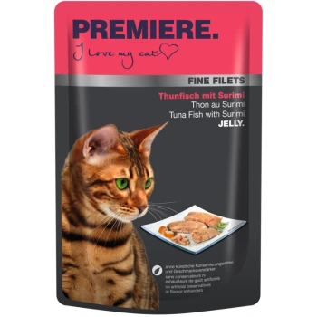 Katze Futterbeutel mit einer Bengal-Katze, beschriftet mit "PREMIERE. Ich liebe meine Katze" mit "Thunfisch mit Surimi" in Gelee.