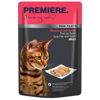 Katze Futterbeutel mit einer Bengal-Katze, beschriftet mit "PREMIERE. Ich liebe meine Katze" mit "Thunfisch mit Surimi" in Gelee.