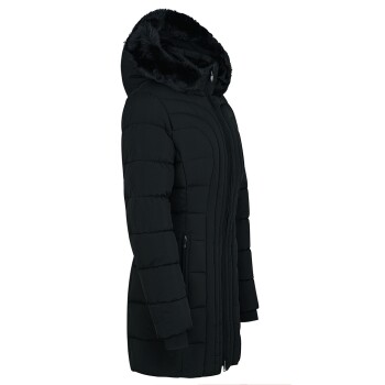 Schwarze Daunenjacke mit einer Kapuze aus Kunstfell, mit einem Reißverschluss vorne und seitlichen Taschen, seitlich präsentiert.