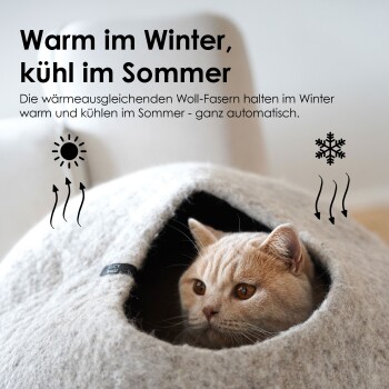 Eine dreifarbige Katze entspannt sich auf einer bunten Decke neben einem grauen Filzbett, während eine schwarz-weiße Katze sich nähert. Text: "Natürliche Wollfilz, geruchlos."