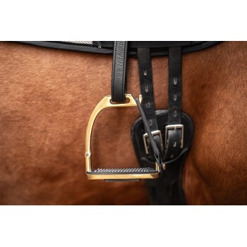 Nahaufnahme eines goldenen Steigbügels mit der Aufschrift "EQUINATE", der an einem schwarzen Ledersattel auf einem braunen Pferd befestigt ist.