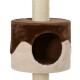 Ein gemütliches Katzenhaus mit einem braunen Oberteil und einem beigen Unterteil, mit einem runden Eingang und einem mit Sisal umwickelten Kratzbaum.