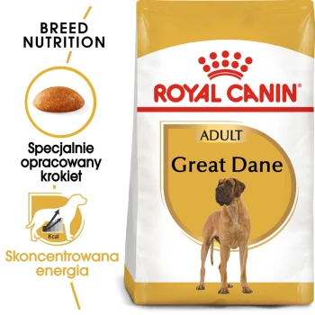 Torba z karmą dla psów Royal Canin Adult Great Dane z sylwetką doga, z tekstem podkreślającym odżywianie rasy i specjalnie opracowaną karmą.