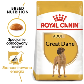 Torba z karmą dla psów Royal Canin Adult Great Dane z sylwetką doga, z tekstem podkreślającym odżywianie rasy i specjalnie opracowaną karmą.
