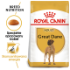 Torba z karmą dla psów Royal Canin Adult Great Dane z sylwetką doga, z tekstem podkreślającym odżywianie rasy i specjalnie opracowaną karmą.