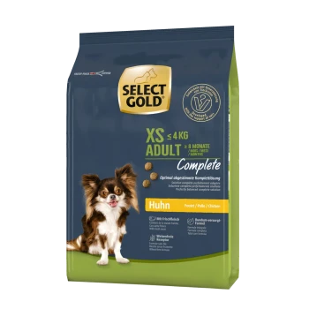 Hundefutterbeutel mit der Marke Select Gold, beschriftet mit "XS Adult" für Hunde bis zu 4 kg, mit Huhn als Hauptzutat.