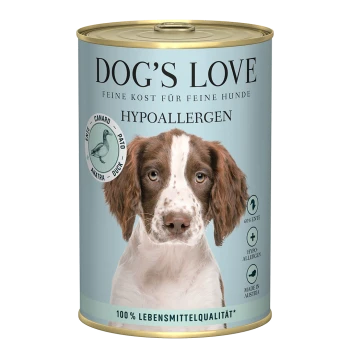 Dose DOG'S LOVE hypoallergenes Hundefutter mit Bild eines braun-weißen Hundes, Entengeschmack, hergestellt in Österreich.