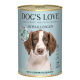 Dose DOG'S LOVE hypoallergenes Hundefutter mit Bild eines braun-weißen Hundes, Entengeschmack, hergestellt in Österreich.