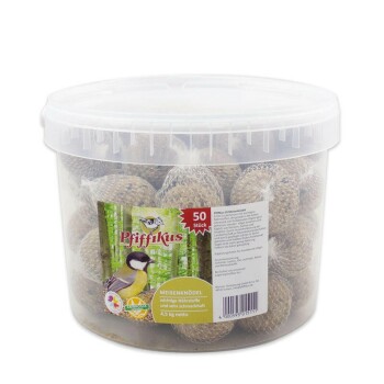 Plastikbehälter mit 50 im Netz verpackten Meisenknödeln mit Pfiffikus-Label, das eine Kohlmeise zeigt und den Text '50 Stück' und 'Meisenknödel'.