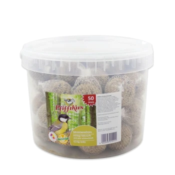 Plastikbehälter mit 50 im Netz verpackten Meisenknödeln mit Pfiffikus-Label, das eine Kohlmeise zeigt und den Text '50 Stück' und 'Meisenknödel'.