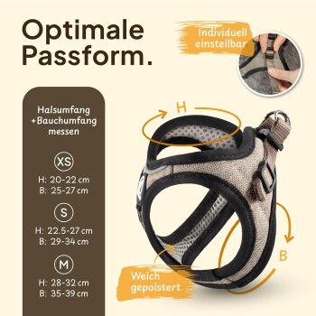 Hundegeschirr mit verstellbarem Sitz, das Größenmessungen (XS, S, M) für Hals- und Bauchumfang zeigt, beschriftet auf Deutsch.