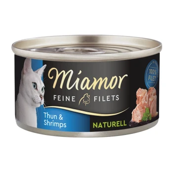 Boîte de nourriture pour chats Miamor présentant de fins filets de thon et de crevettes, avec une image de chat blanc et le texte "100 % Filet".