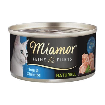 Miamor Katzenfutterdose mit feinen Filets von Thunfisch und Garnelen, mit einem Bild einer weißen Katze und dem Text "100% Filet".