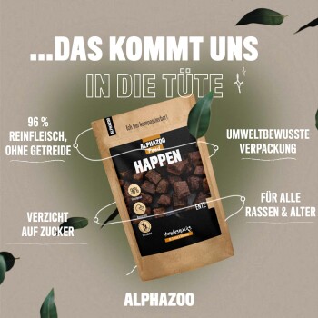 Alphazoo Tier-Snackverpackung mit der Bezeichnung "Happen": 96% Fleisch, getreidefrei, ohne Zuckerzusatz, umweltfreundlich, geeignet für alle Rassen und Altersgruppen.