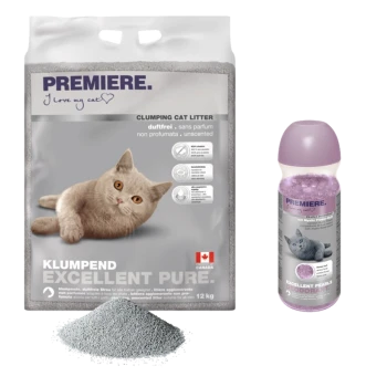 12 kg worek bezzapachowego żwirku dla kotów Premiere z szarym kotem na przodzie, obok butelki dezodorantu Premiere Excellent Pearls.