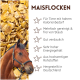 Nahaufnahme von gelbem und weißem getrocknetem Cornflakes-Tierfutter aus einem Online-Tiergeschäft.