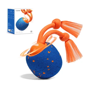 Blauer strukturierter Hundespielball mit orangener Oberseite und doppelten Seilquasten, Marke 'Cheerble'; Verpackung zeigt 'Wicked Ball Rolly'.