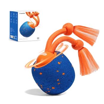Blauer strukturierter Hundespielball mit orangener Oberseite und doppelten Seilquasten, Marke 'Cheerble'; Verpackung zeigt 'Wicked Ball Rolly'.