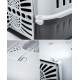 Nahaufnahme-Collage von Lüftungsöffnungen, Verschlüssen und Griffdetails einer weiß-grauen Kunststoff-Transportbox für Haustiere.