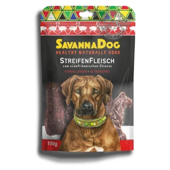 Verpackung von SavannaDog StreifenFleisch mit einer Hundesilhouette, beschriftet mit "Healthy Naturally Good," 100g, hypoallergen, getreidefrei.