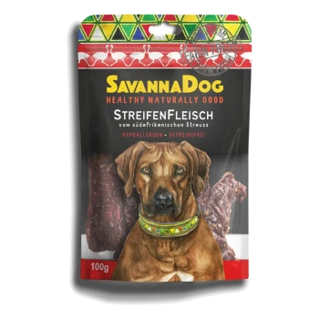 Emballage SavannaDog StreifenFleisch présentant une silhouette de chien, étiqueté "Healthy Naturally Good," 100g, hypoallergénique, sans céréales.