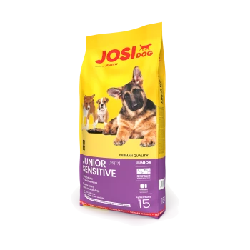 Hundetrockenfutterbeutel mit der Aufschrift "JOSIDOG JUNIOR SENSITIVE", der einen Deutschen Schäferhund, einen Basenji und einen Bulldogge auf einem gelben Hintergrund zeigt.
