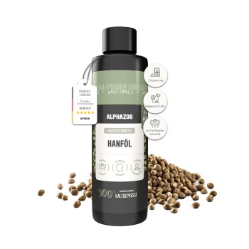Schwarze zylindrische Flasche mit ALPHAZOO Hanföl für Hunde und Katzen, beschriftet mit "Hanföl" und "kaltgepresst," mit einem Pfotenabdruck-Design.