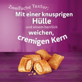 Anzeige für Haustierleckereien, die knusprige Snacks mit einer cremigen Füllung zeigt, mit dem Text "Zweifache Textur: Knusprige Hülle, weicher Kern."