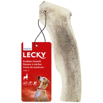 Un grand bois à mâcher naturel pour chien étiqueté "LECKY" avec une étiquette rouge comportant un texte en plusieurs langues, y compris "100% naturel."