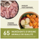 Ingrédients de nourriture pour animaux : poulet cru, poisson, citrouille et pomme sur une planche en bois. Le texte indique "65 INGREDIENTS D'ORIGINE ANIMALE DE QUALITÉ."