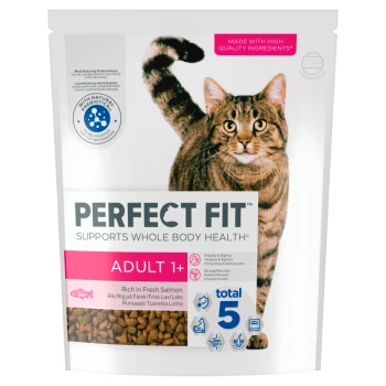 Perfect Fit Adult 1+ cat food bag with a tabby cat, rich in fresh salmon, supports whole body health.