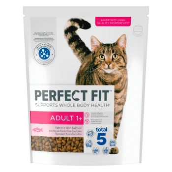 Perfect Fit Adult 1+ cat food bag with a tabby cat, rich in fresh salmon, supports whole body health.