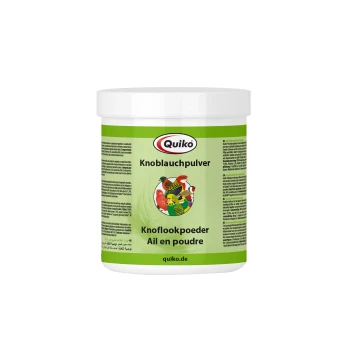 Behälter mit Quiko Knoblauchpulver für Haustiere, beschriftet in Deutsch und Niederländisch, mit bunten Vögeln auf der Vorderseite.