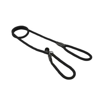 Schwarze Hundeleine mit zwei Griffen und einem robusten Design, mit zwei Schlaufen für besseren Halt und Kontrolle.